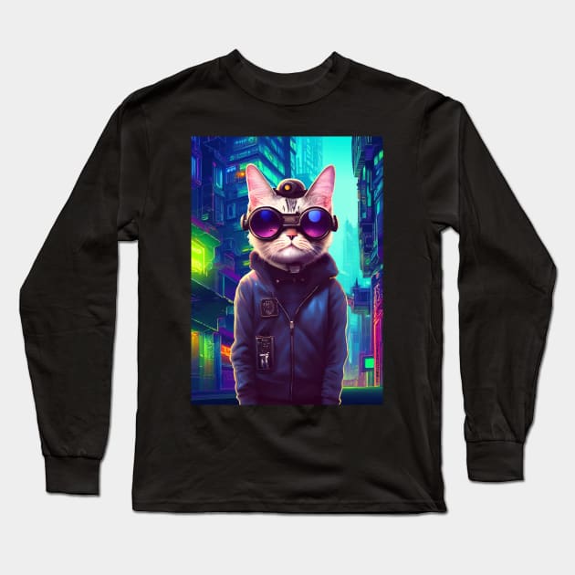 Techno Cat In Japan Neon City Long Sleeve T-Shirt by star trek fanart and more